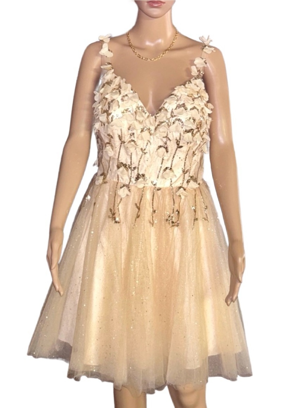 Elizabeth K ~ Large ~ Champagne ~ Floral & Beaded Short  Babydoll Dress ~ New